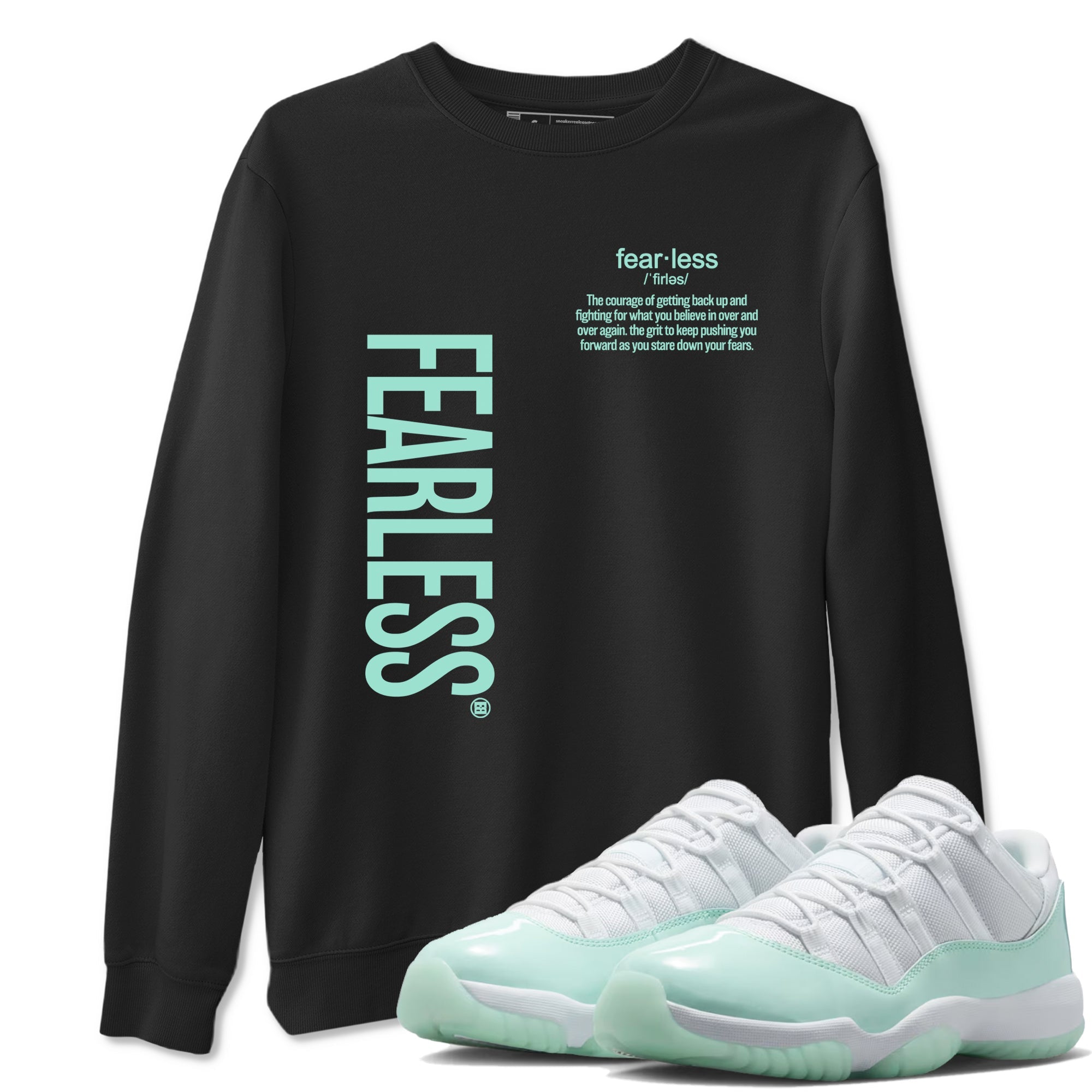 Fearless Definition sneaker match t-shirt styled to complete your fit with the Air Jordan 11 Igloo sneakers, shown in Black 1.