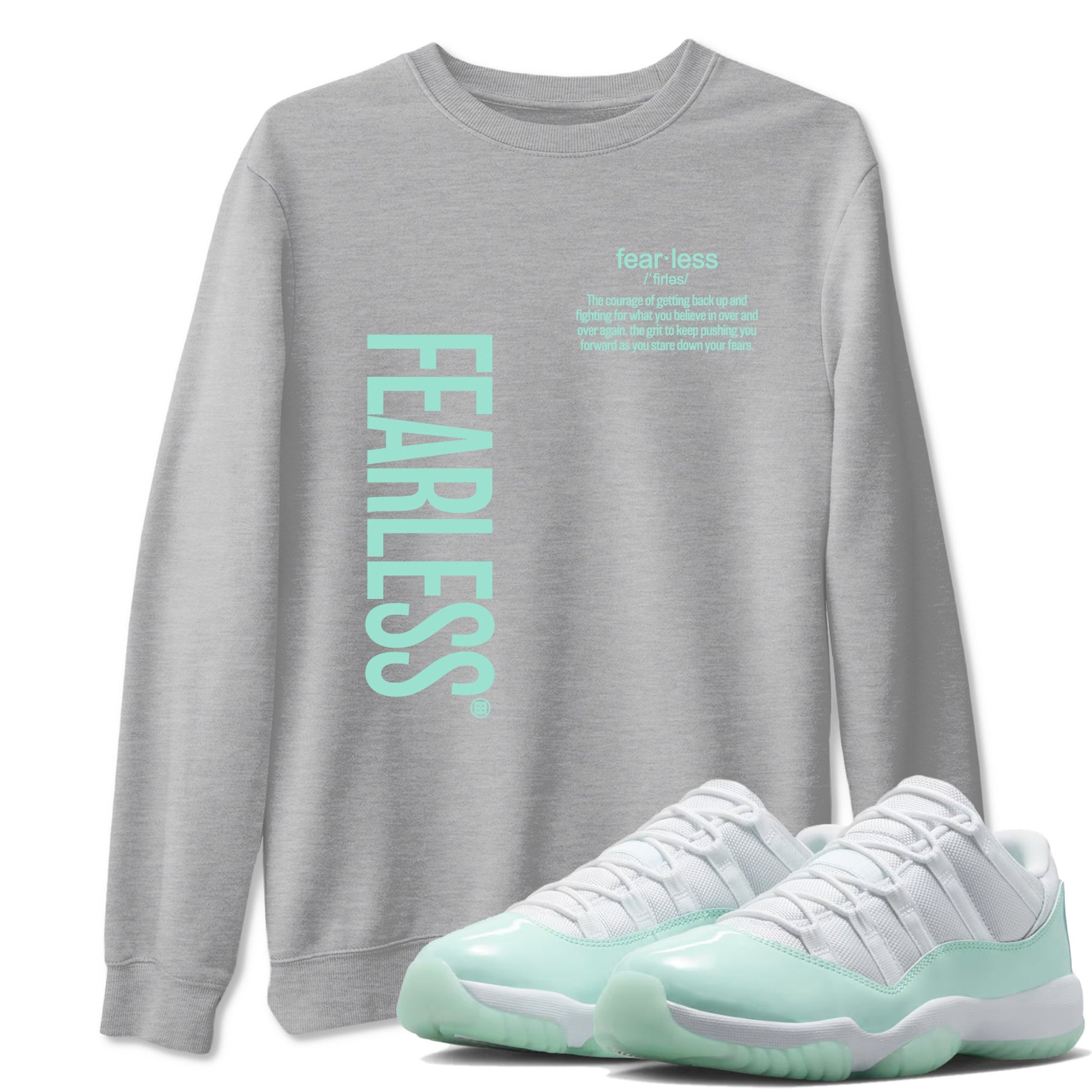 Fearless Definition sneaker match t-shirt styled to complete your fit with the Air Jordan 11 Igloo sneakers, shown in Heather Grey 1.