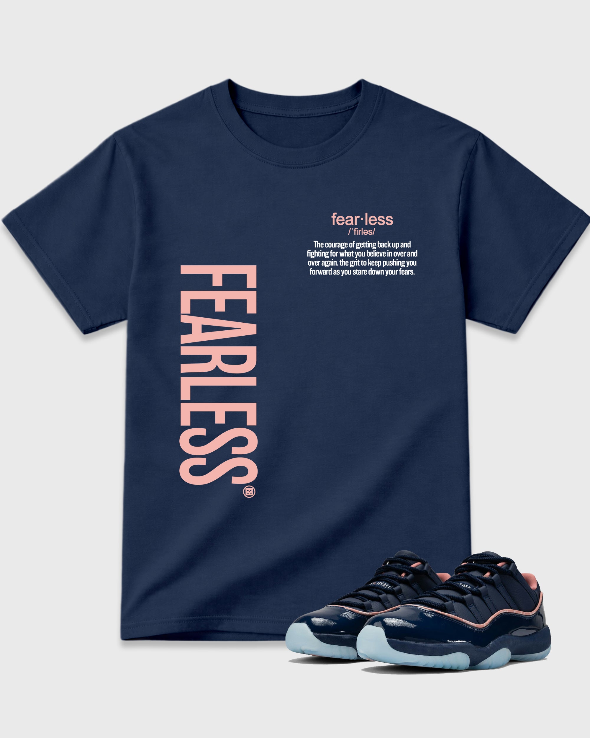 Fearless Definition Graphic T-Shirt featuring original streetwear artwork designed to match the Air Jordan 11 Made For Locals. Navy 1 Graphic T-Shirt.