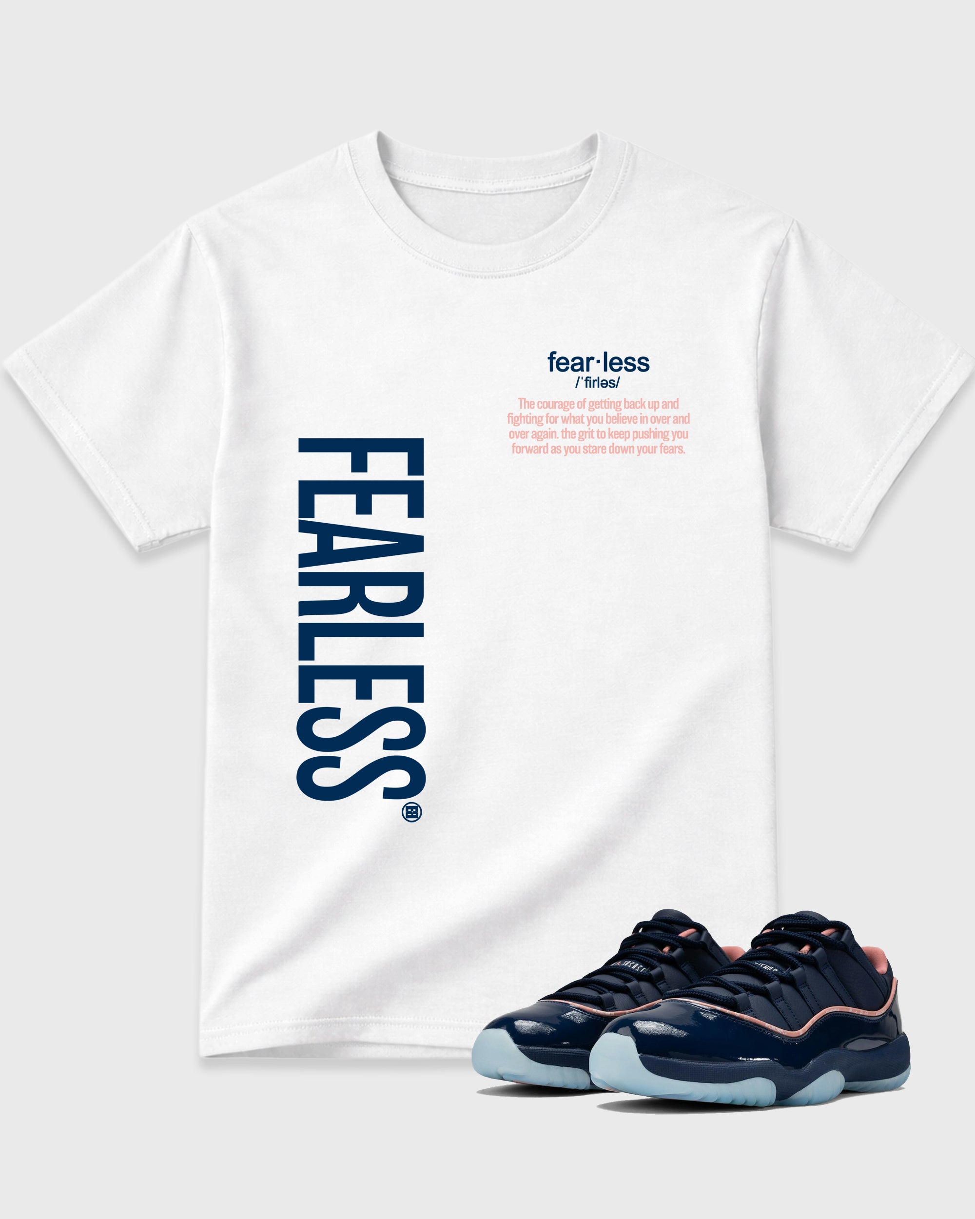 Fearless Definition Graphic T-Shirt featuring original streetwear artwork designed to match the Air Jordan 11 Made For Locals. White 1 Graphic T-Shirt.