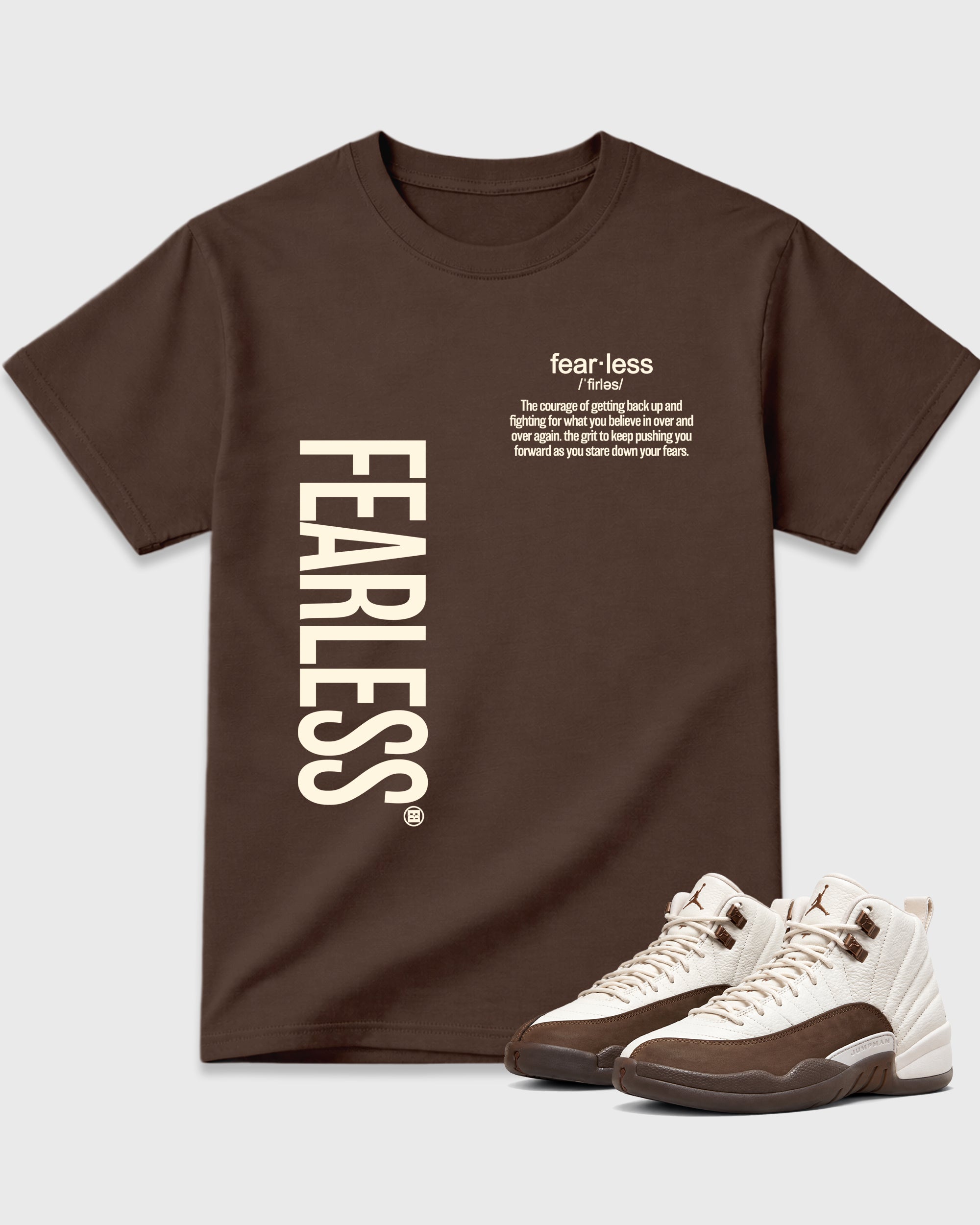 Fearless Definition Graphic T-Shirt featuring original streetwear artwork designed to match the Air Jordan 12 Fireside. Dark Chocolate 1 Graphic T-Shirt.