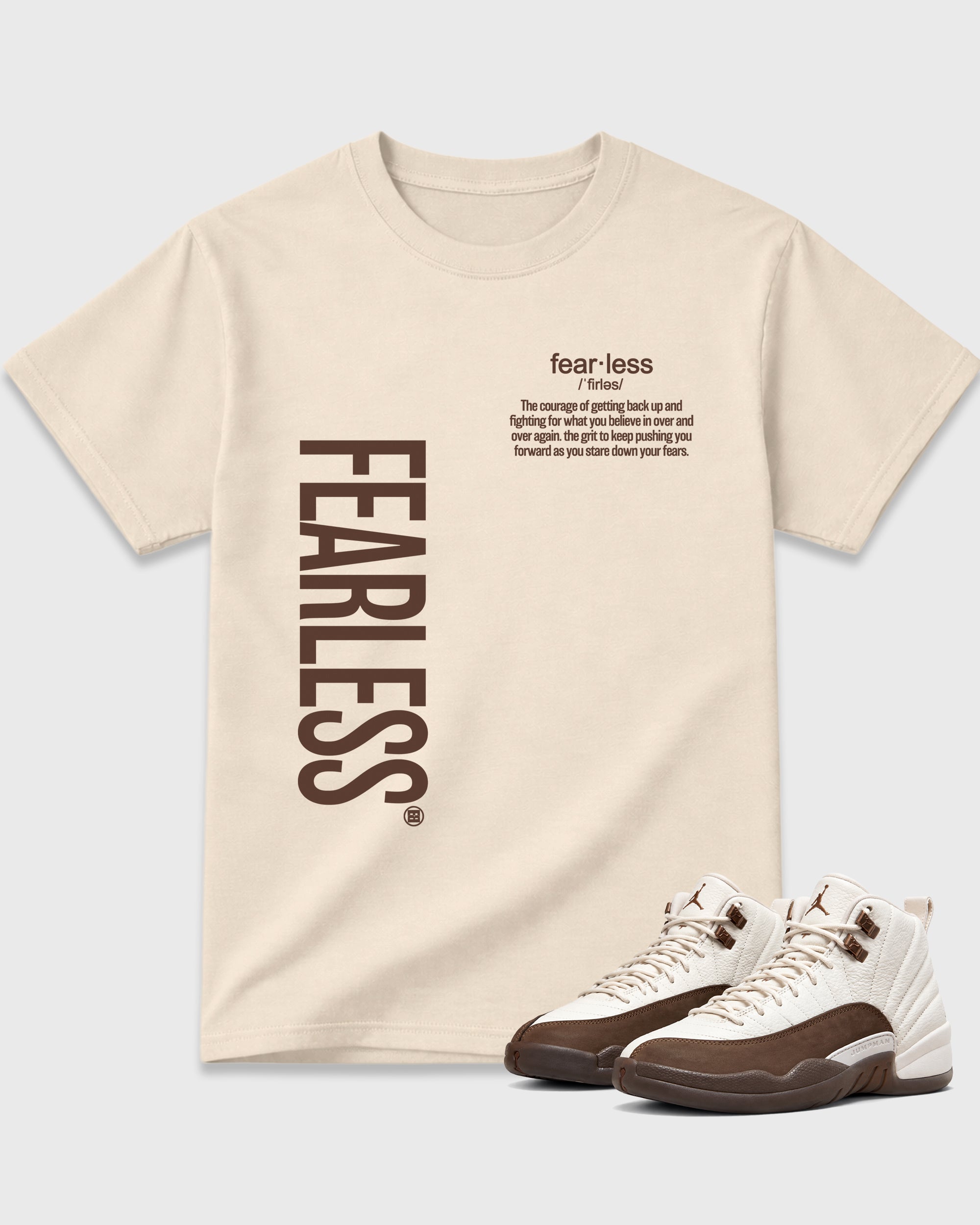 Fearless Definition Graphic T-Shirt featuring original streetwear artwork designed to match the Air Jordan 12 Fireside. Natural 1 Graphic T-Shirt.