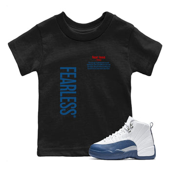 Fearless Definition baby and kids t-shirt crafted for little sneakerheads to with the Air Jordan 12 French Blue sneakers, displayed in Black 1.