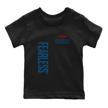 Fearless Definition baby and kids t-shirt crafted for little sneakerheads to with the Air Jordan 12 French Blue sneakers, displayed in Black 2.