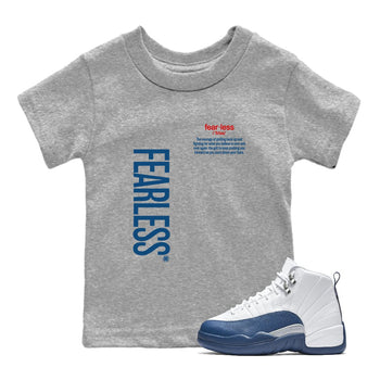 Fearless Definition baby and kids t-shirt crafted for little sneakerheads to with the Air Jordan 12 French Blue sneakers, displayed in Heather Grey 1.