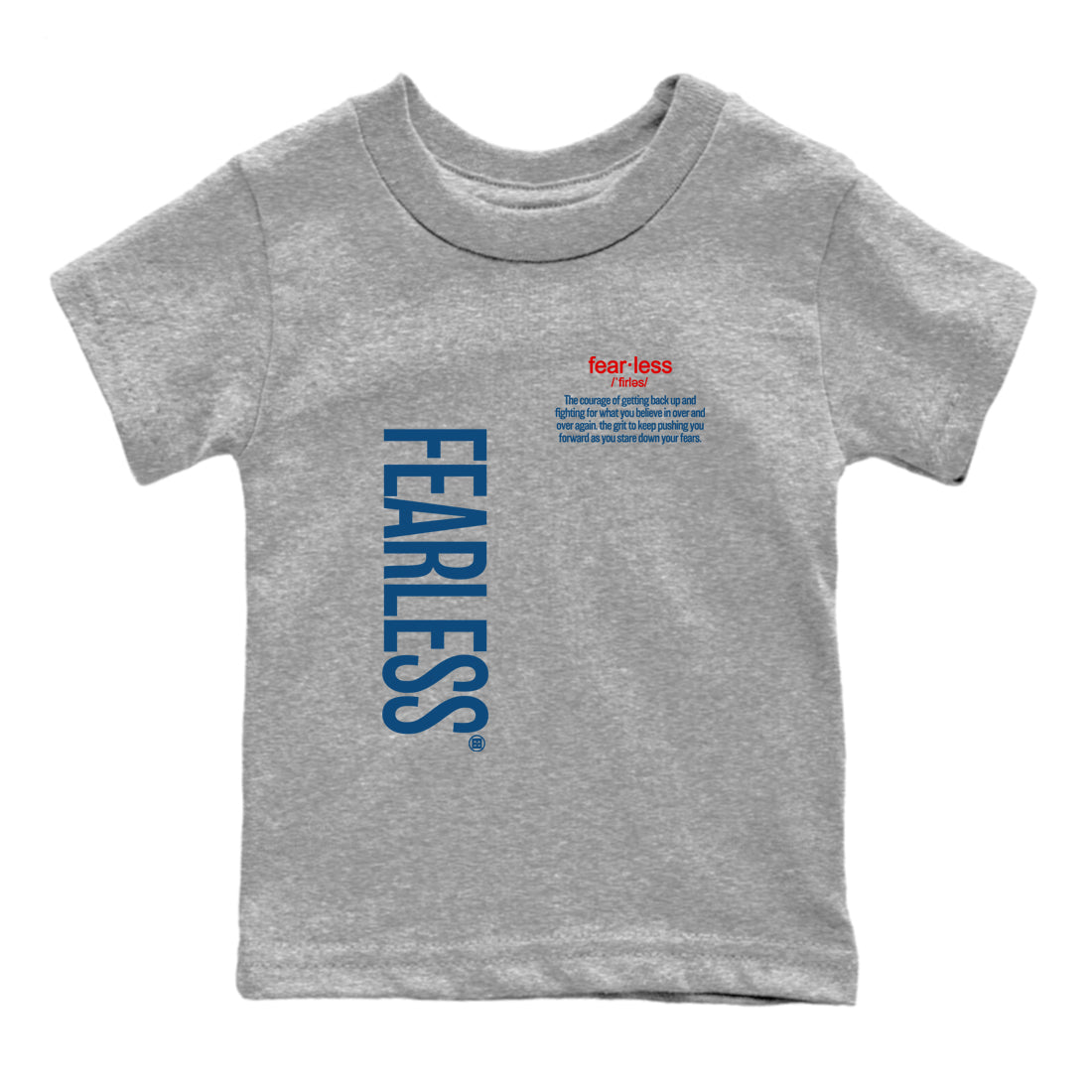 Fearless Definition baby and kids t-shirt crafted for little sneakerheads to with the Air Jordan 12 French Blue sneakers, displayed in Heather Grey 2.