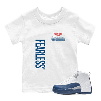 Fearless Definition baby and kids t-shirt crafted for little sneakerheads to with the Air Jordan 12 French Blue sneakers, displayed in White 1.