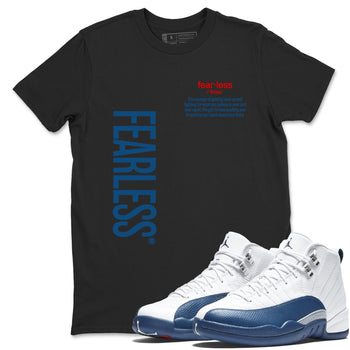 Fearless Definition sneaker match tees styled to complete your fit with the Air Jordan 12 French Blue sneakers, shown in Black 1.