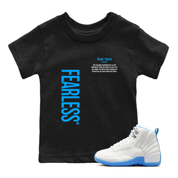 Fearless Definition baby and kids t-shirt crafted for little sneakerheads to shine with the Air Jordan 12 White and University Blue sneakers, displayed in Black 1.