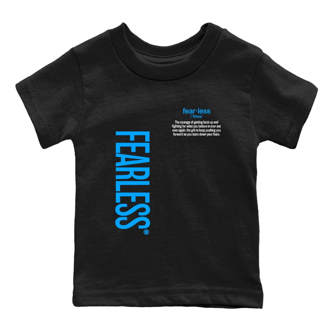 Fearless Definition baby and kids t-shirt crafted for little sneakerheads to shine with the Air Jordan 12 White and University Blue sneakers, displayed in Black 2.
