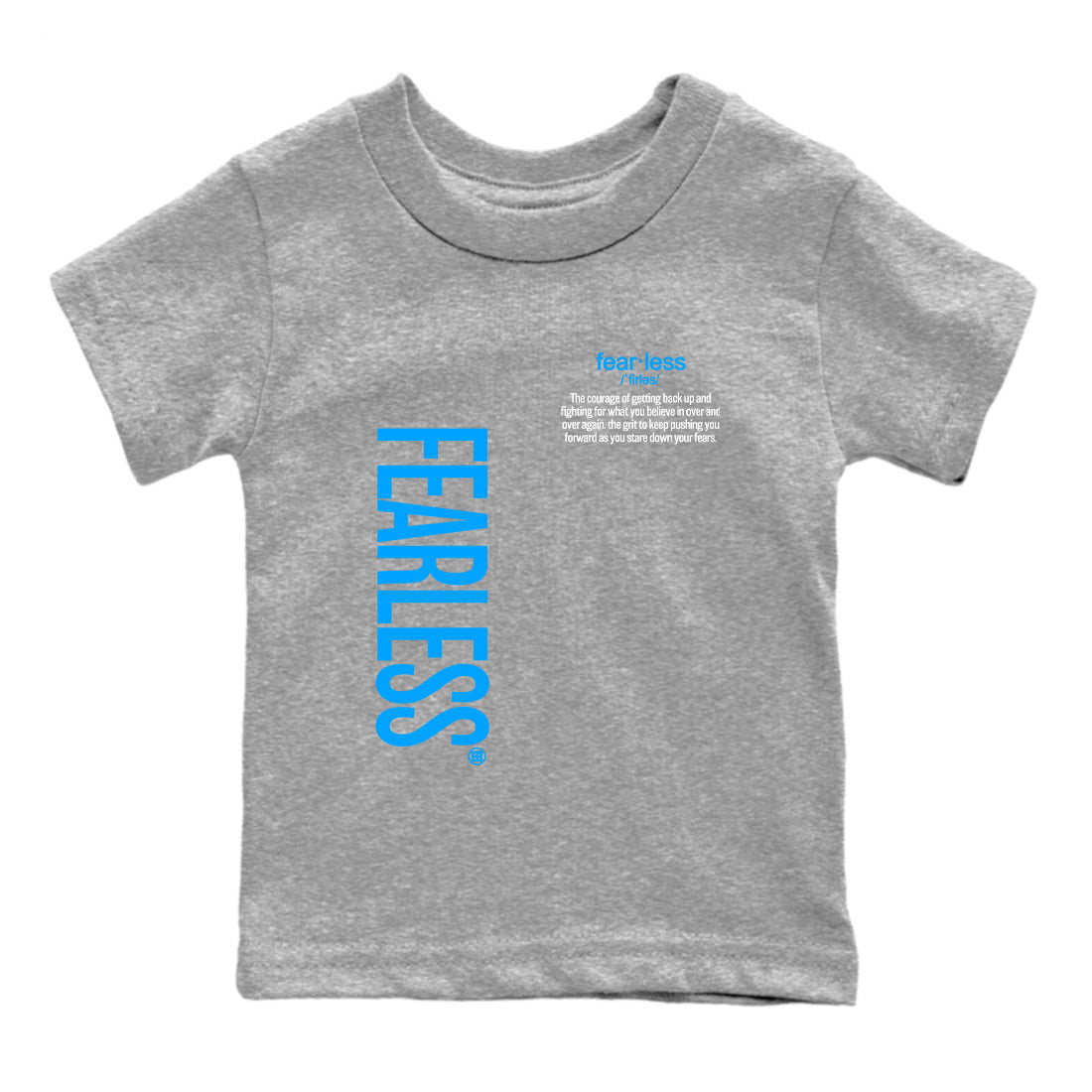 Fearless Definition baby and kids t-shirt crafted for little sneakerheads to shine with the Air Jordan 12 White and University Blue sneakers, displayed in Heather Grey 2.