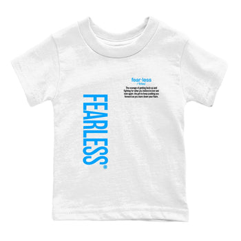 Fearless Definition baby and kids t-shirt crafted for little sneakerheads to shine with the Air Jordan 12 White and University Blue sneakers, displayed in White 2.