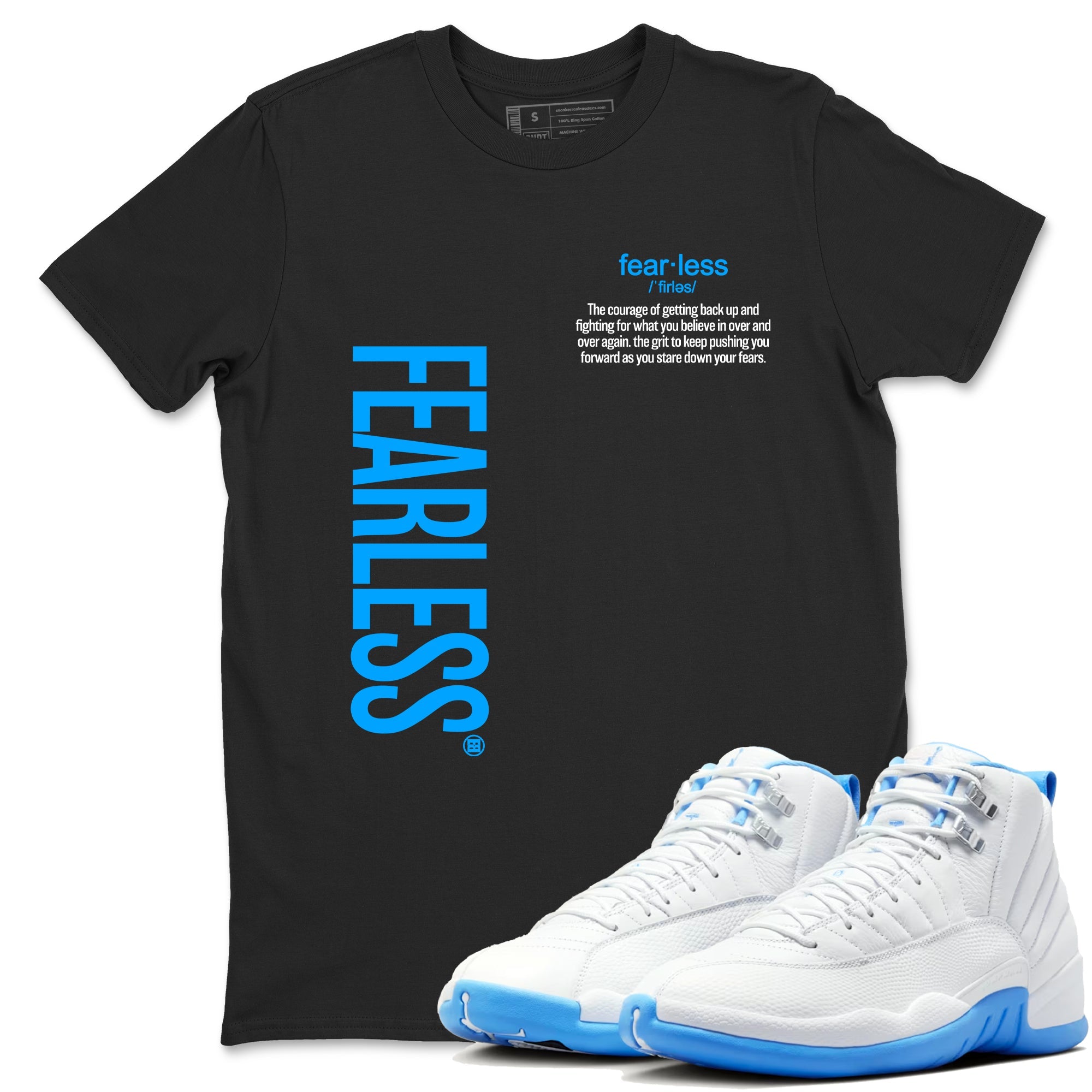 Fearless Definition sneaker match t-shirt styled to complete your fit with the Air Jordan 12 White and University Blue sneakers, shown in Black 1.