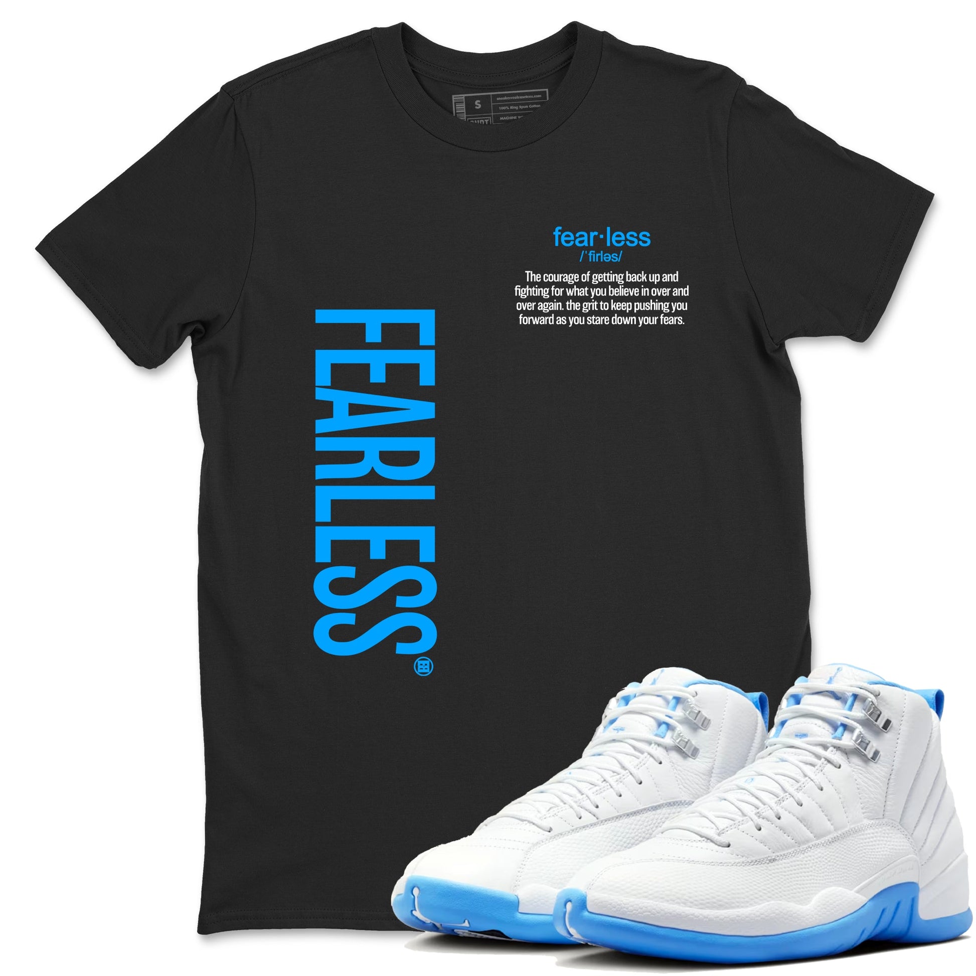 Fearless Definition sneaker match t-shirt styled to complete your fit with the Air Jordan 12 White and University Blue sneakers, shown in Black 1.
