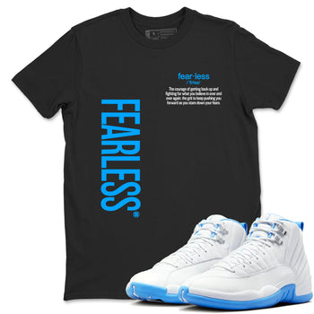Fearless Definition sneaker match t-shirt styled to complete your fit with the Air Jordan 12 White and University Blue sneakers, shown in Black 1.