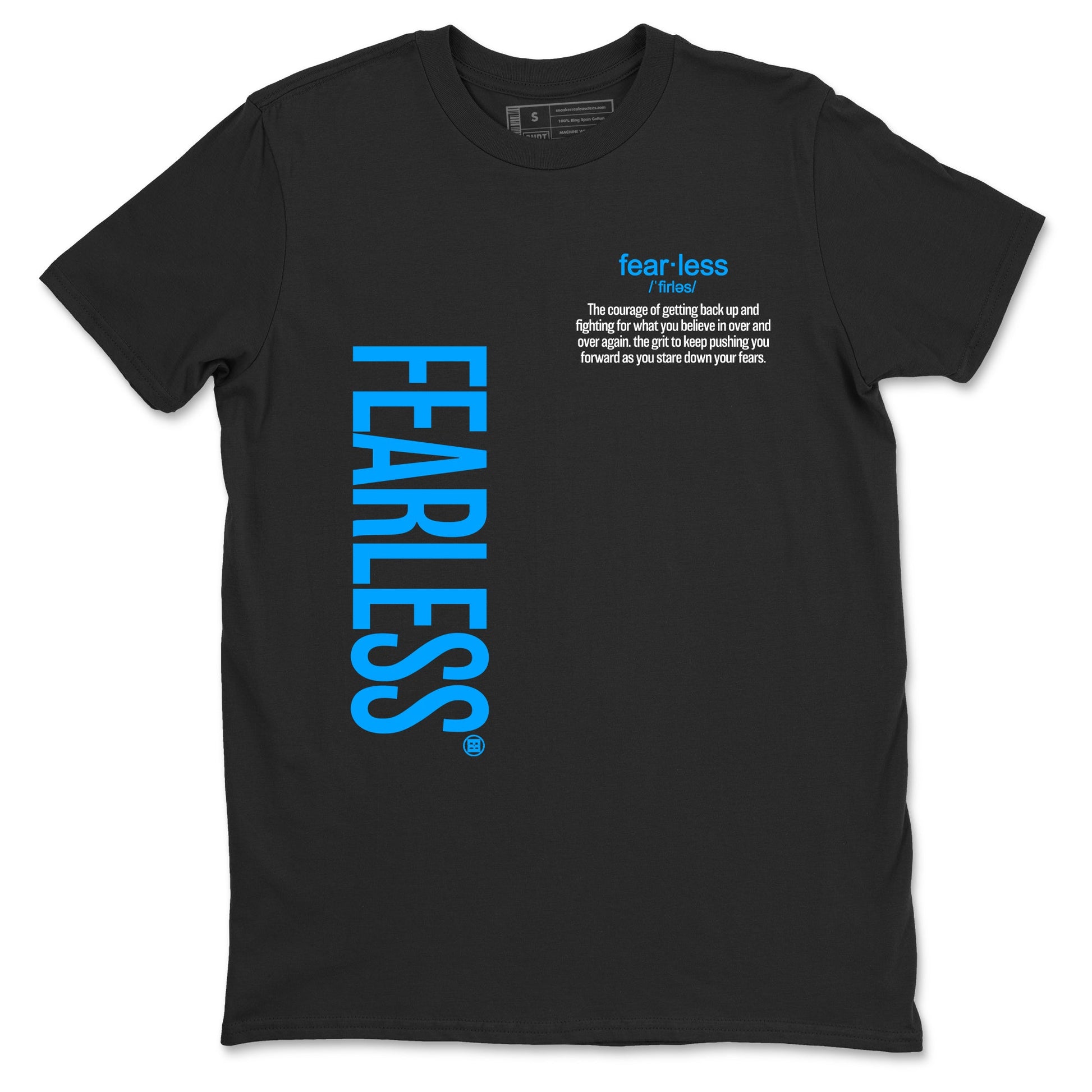 Fearless Definition sneaker match t-shirt styled to complete your fit with the Air Jordan 12 White and University Blue sneakers, shown in Black 2.