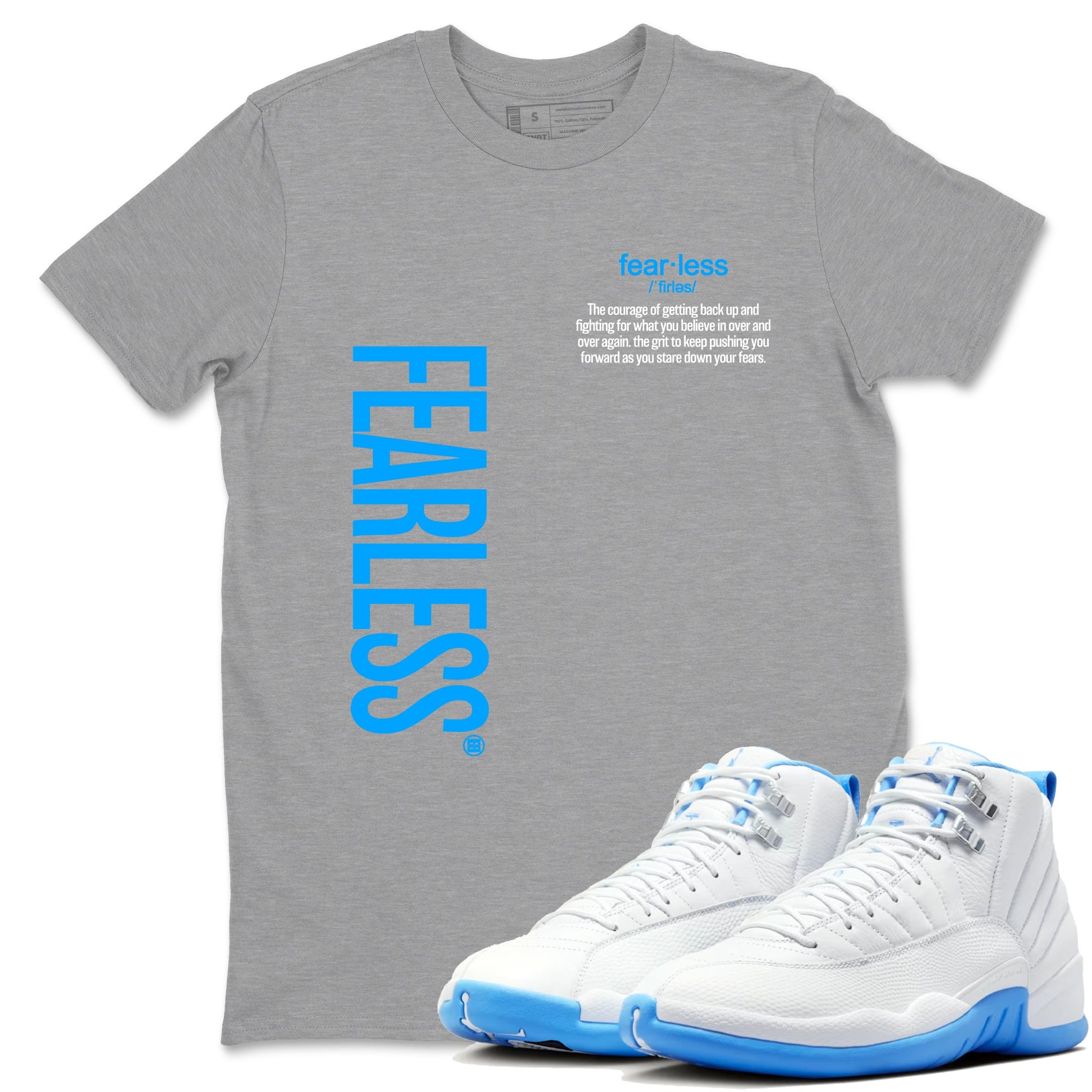 Fearless Definition sneaker match t-shirt styled to complete your fit with the Air Jordan 12 White and University Blue sneakers, shown in Heather Grey 1.