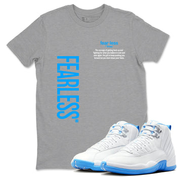 Fearless Definition sneaker match t-shirt styled to complete your fit with the Air Jordan 12 White and University Blue sneakers, shown in Heather Grey 1.