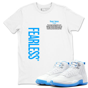 Fearless Definition sneaker match t-shirt styled to complete your fit with the Air Jordan 12 White and University Blue sneakers, shown in White 1.