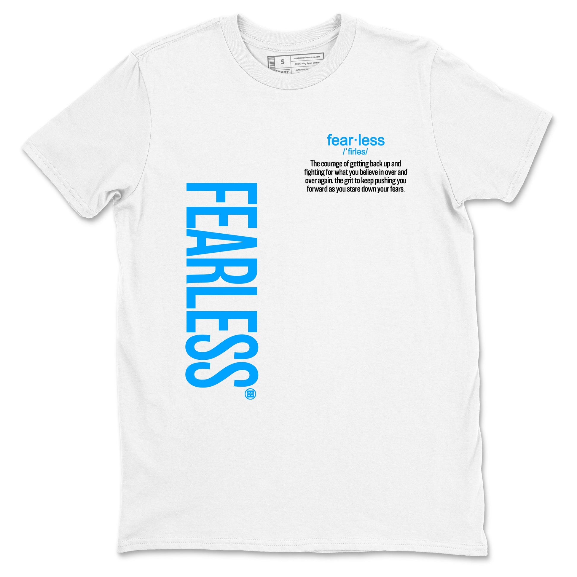Fearless Definition sneaker match t-shirt styled to complete your fit with the Air Jordan 12 White and University Blue sneakers, shown in White 2.