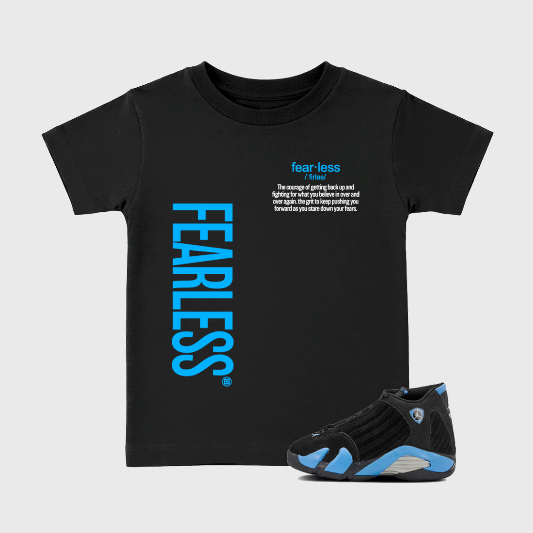 Sneaker match tees – Sneaker Tees To Match Air Jordan 14 University Blue Shoes – Fearless Definition Kids T-Shirt Black 1