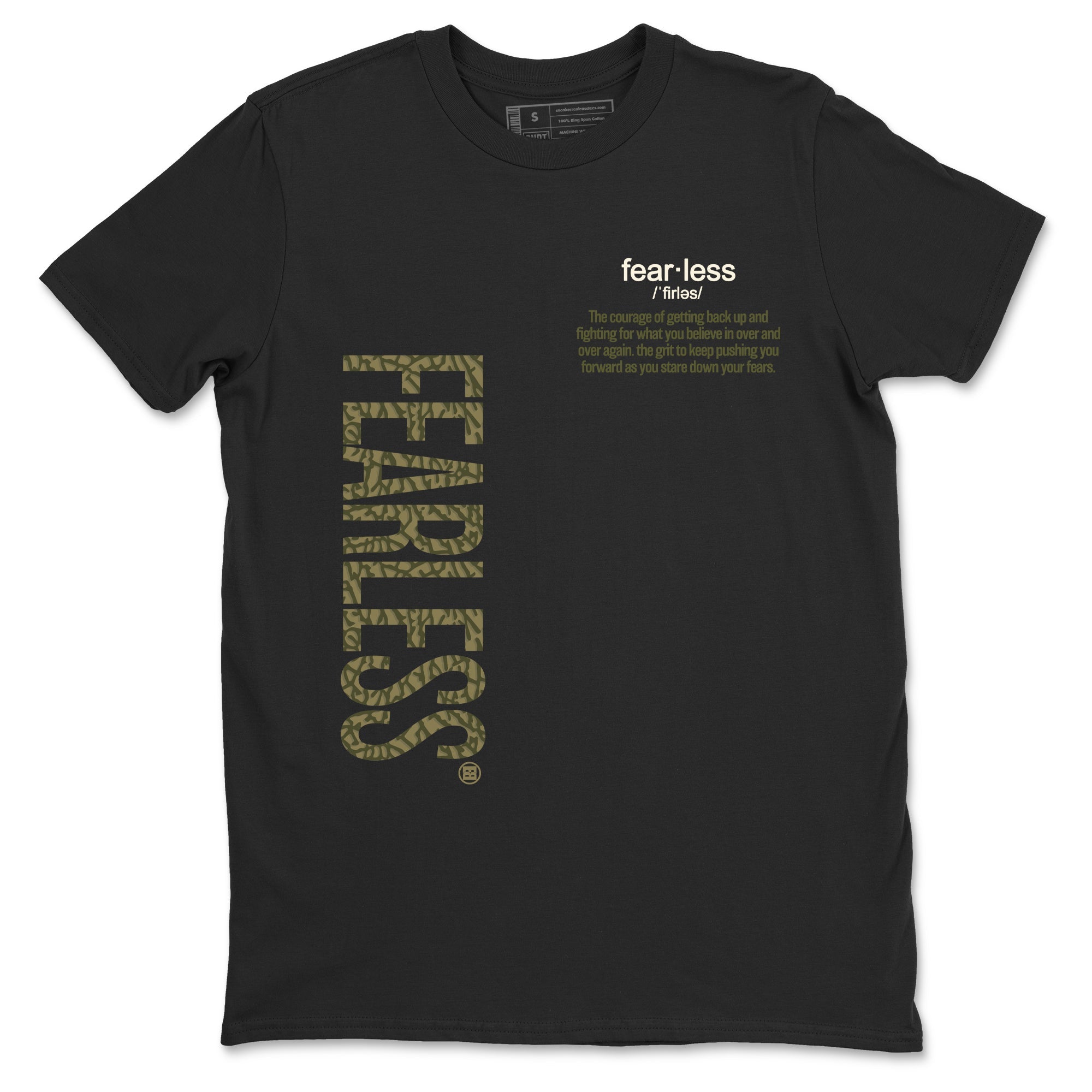 Sneaker Threads – Sneaker Tees To Match Air Jordan 3 Medium Olive – Fearless Definition Graphic Tee Black 2. Perfect for Jordan releases 2025 colorways.