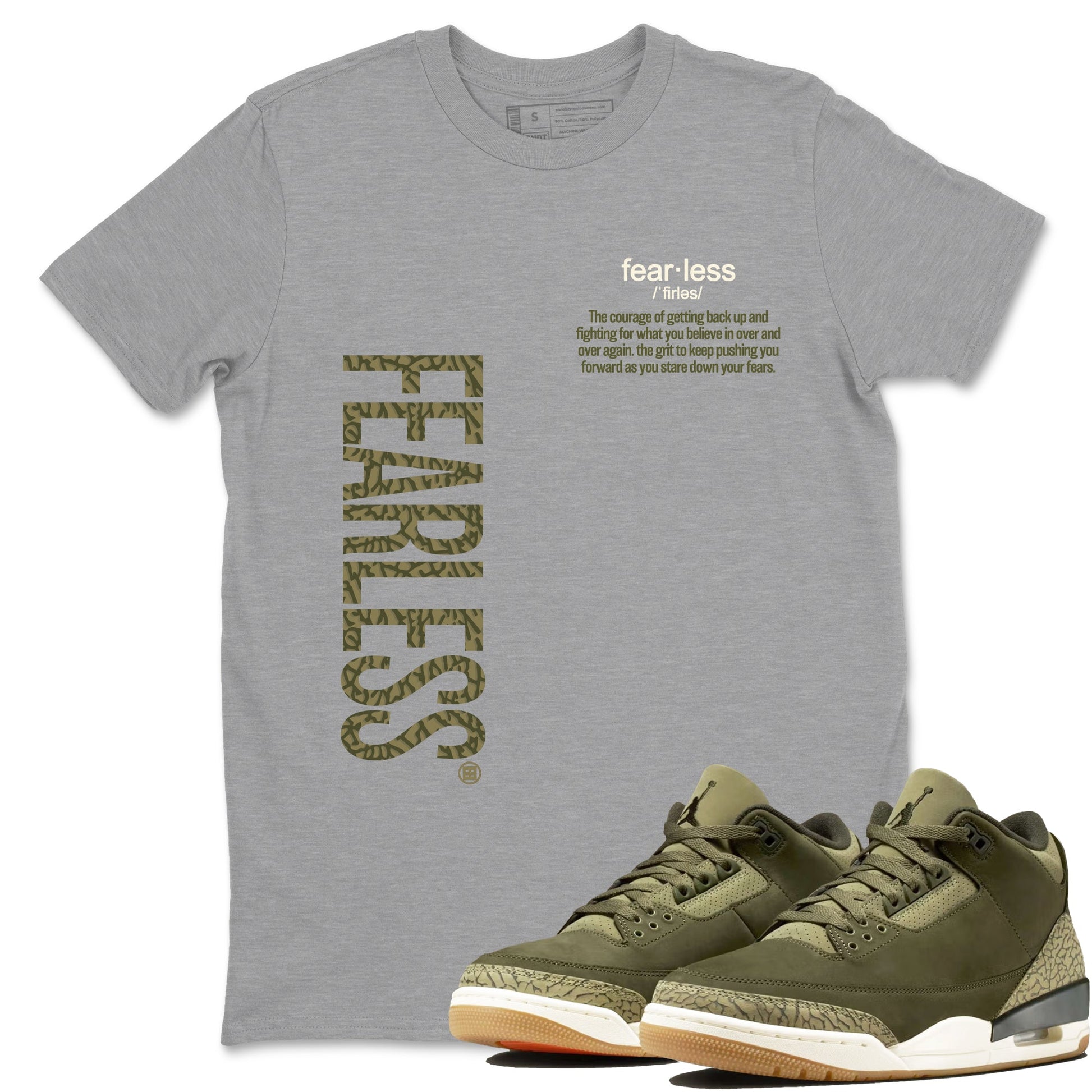 Sneaker Threads – Sneaker Tees To Match Air Jordan 3 Medium Olive – Fearless Definition Graphic Tee Heather Grey 1. Perfect for Jordan releases 2025 colorways.