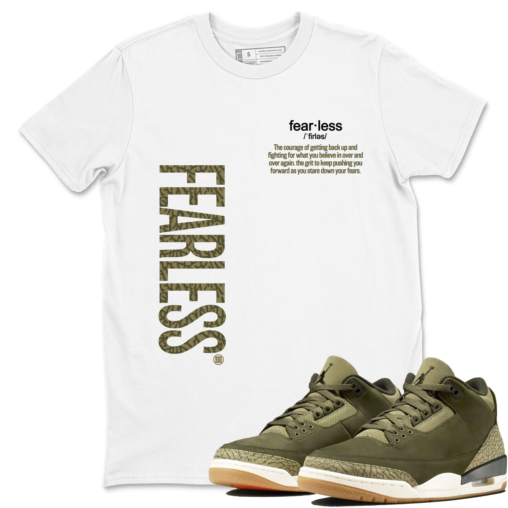 Sneaker Threads – Sneaker Tees To Match Air Jordan 3 Medium Olive – Fearless Definition Graphic Tee White 1. Perfect for Jordan releases 2025 colorways.