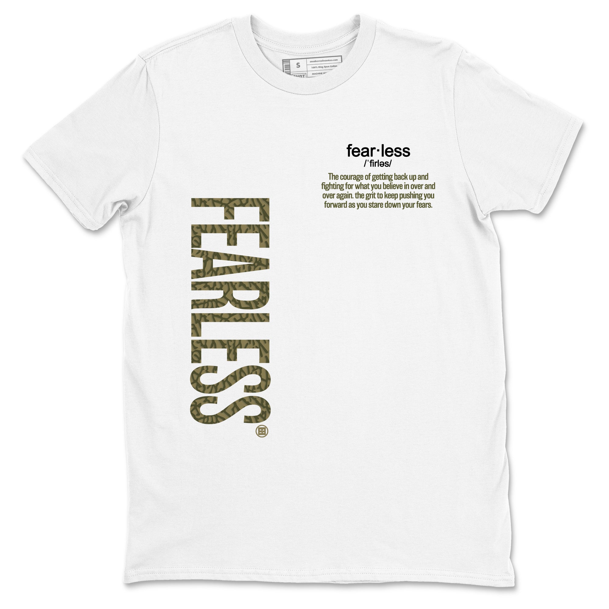 Sneaker Threads – Sneaker Tees To Match Air Jordan 3 Medium Olive – Fearless Definition Graphic Tee White 2. Perfect for Jordan releases 2025 colorways.