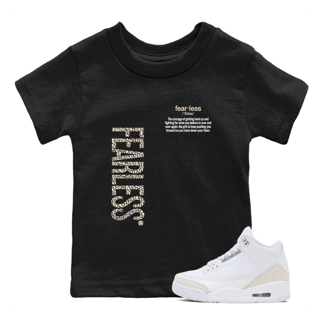 Fearless Definition baby and kids t-shirt crafted for little sneakerheads to shine with the Air Jordan 3 Pure Money sneakers, displayed in Black 1.