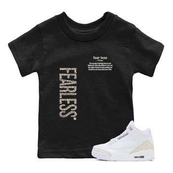 Fearless Definition baby and kids t-shirt crafted for little sneakerheads to shine with the Air Jordan 3 Pure Money sneakers, displayed in Black 1.