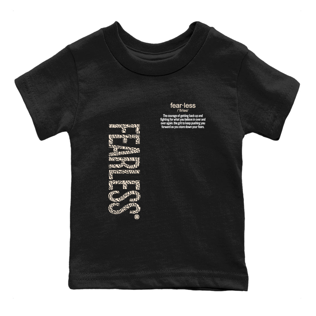 Fearless Definition baby and kids t-shirt crafted for little sneakerheads to shine with the Air Jordan 3 Pure Money sneakers, displayed in Black 2.