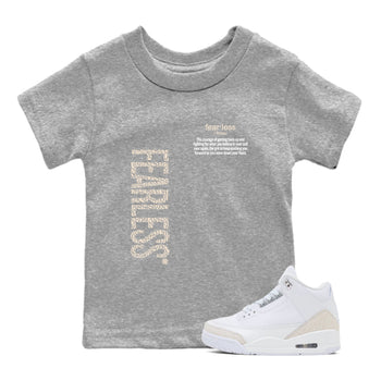Fearless Definition baby and kids t-shirt crafted for little sneakerheads to shine with the Air Jordan 3 Pure Money sneakers, displayed in Heather Grey 1.