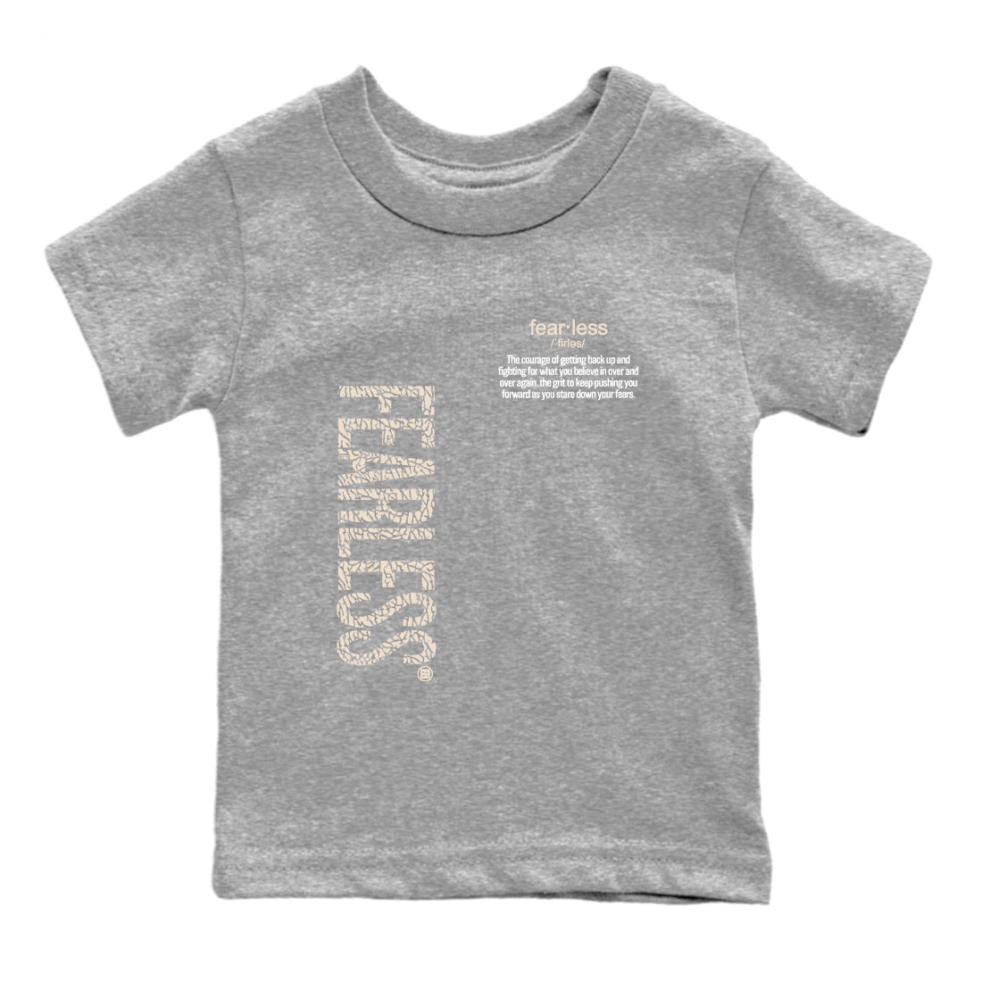 Fearless Definition baby and kids t-shirt crafted for little sneakerheads to shine with the Air Jordan 3 Pure Money sneakers, displayed in Heather Grey 2.
