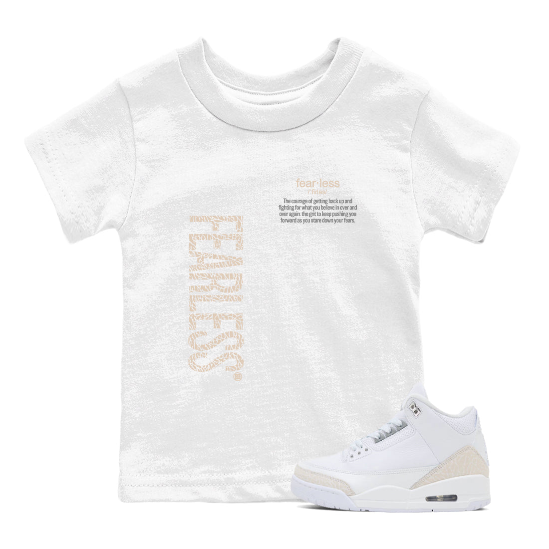 Fearless Definition baby and kids t-shirt crafted for little sneakerheads to shine with the Air Jordan 3 Pure Money sneakers, displayed in White 1.