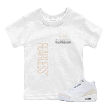 Fearless Definition baby and kids t-shirt crafted for little sneakerheads to shine with the Air Jordan 3 Pure Money sneakers, displayed in White 1.