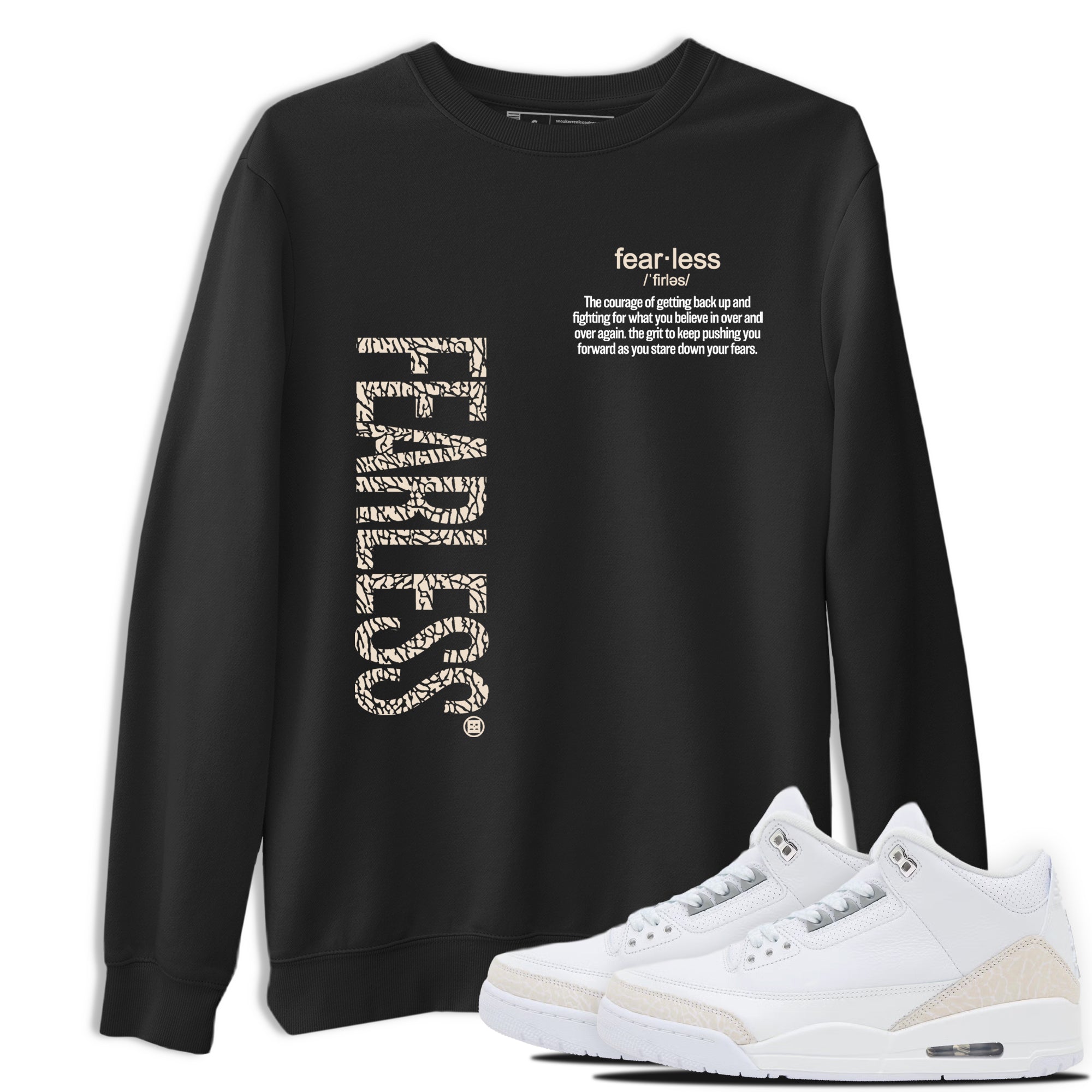 Fearless Definition sneaker match t-shirt styled to complete your fit with the Air Jordan 3 Pure Money sneakers, shown in Black 1.