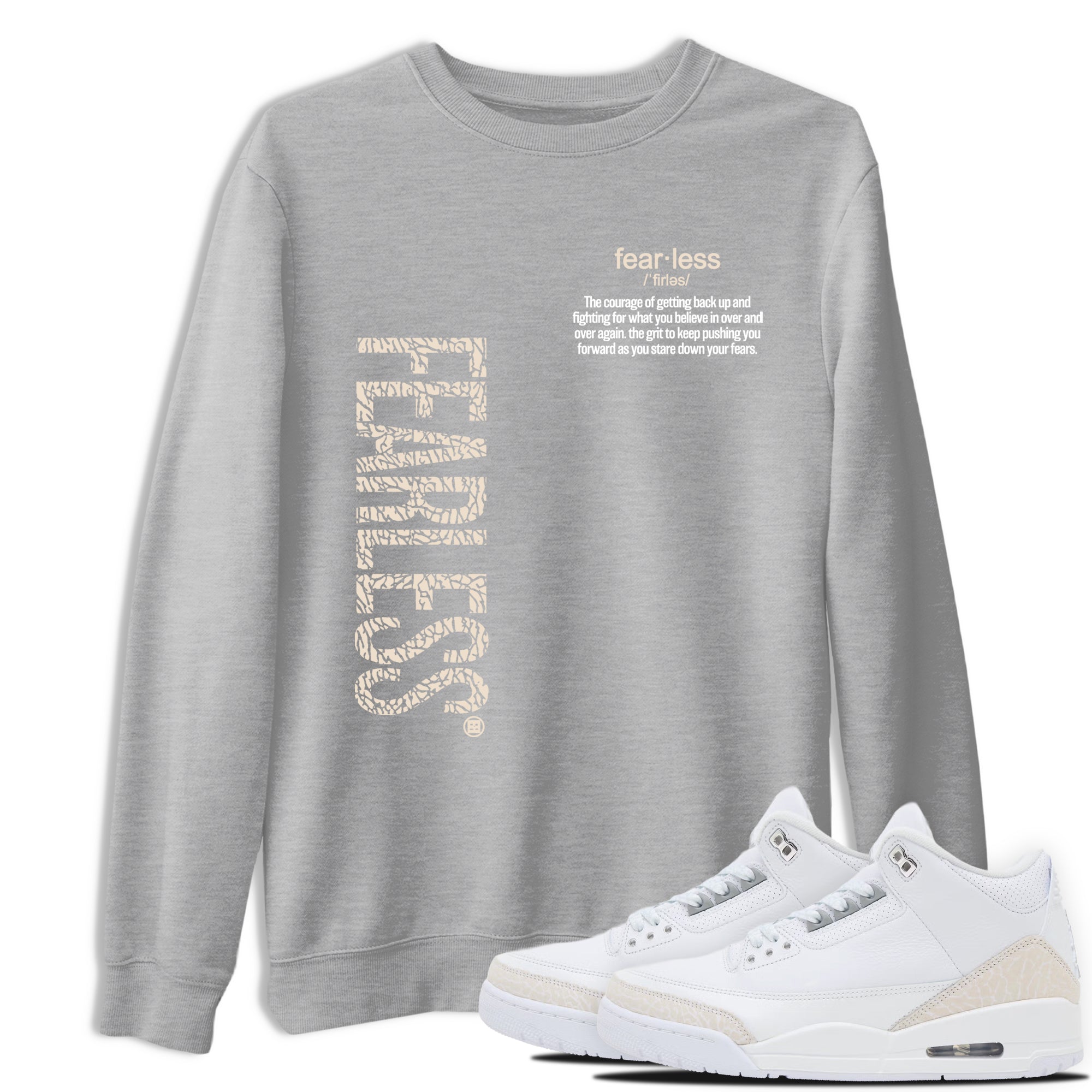Fearless Definition sneaker match t-shirt styled to complete your fit with the Air Jordan 3 Pure Money sneakers, shown in Heather Grey 1.