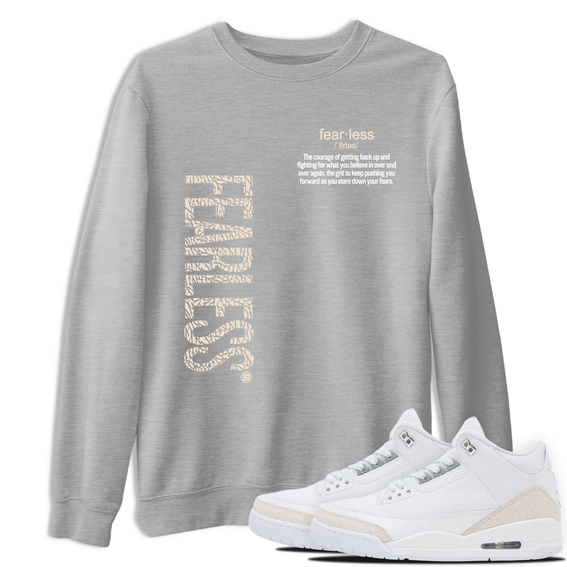Fearless Definition sneaker match t-shirt styled to complete your fit with the Air Jordan 3 Pure Money sneakers, shown in Heather Grey 1.