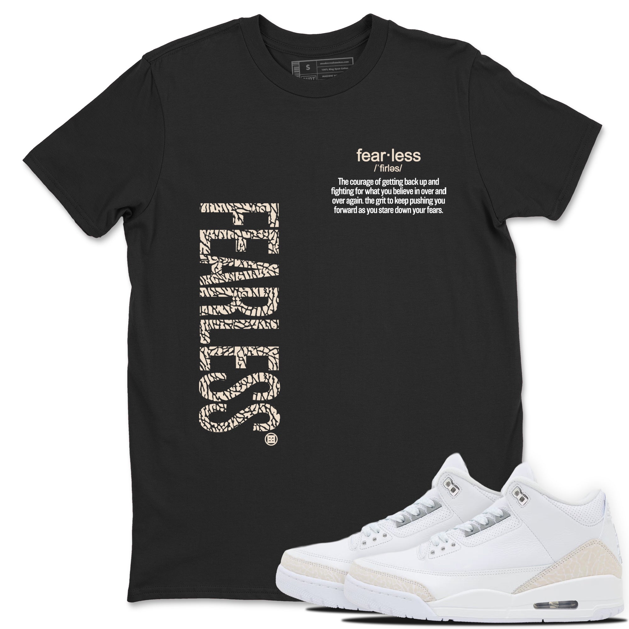 Fearless Definition sneaker match t-shirt styled to complete your fit with the Air Jordan 3 Pure Money sneakers, shown in Black 1.