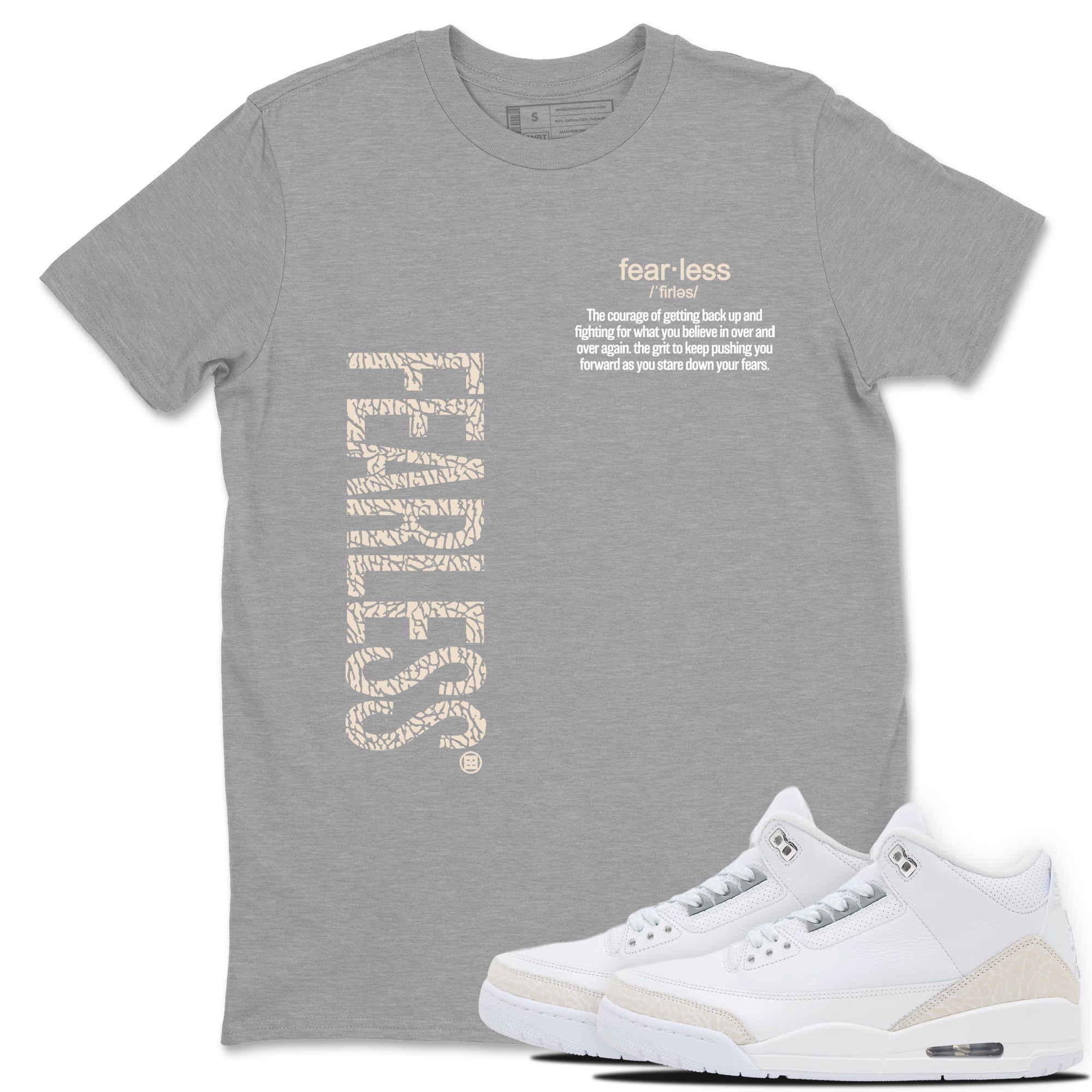 Fearless Definition sneaker match t-shirt styled to complete your fit with the Air Jordan 3 Pure Money sneakers, shown in Heather Grey 1.