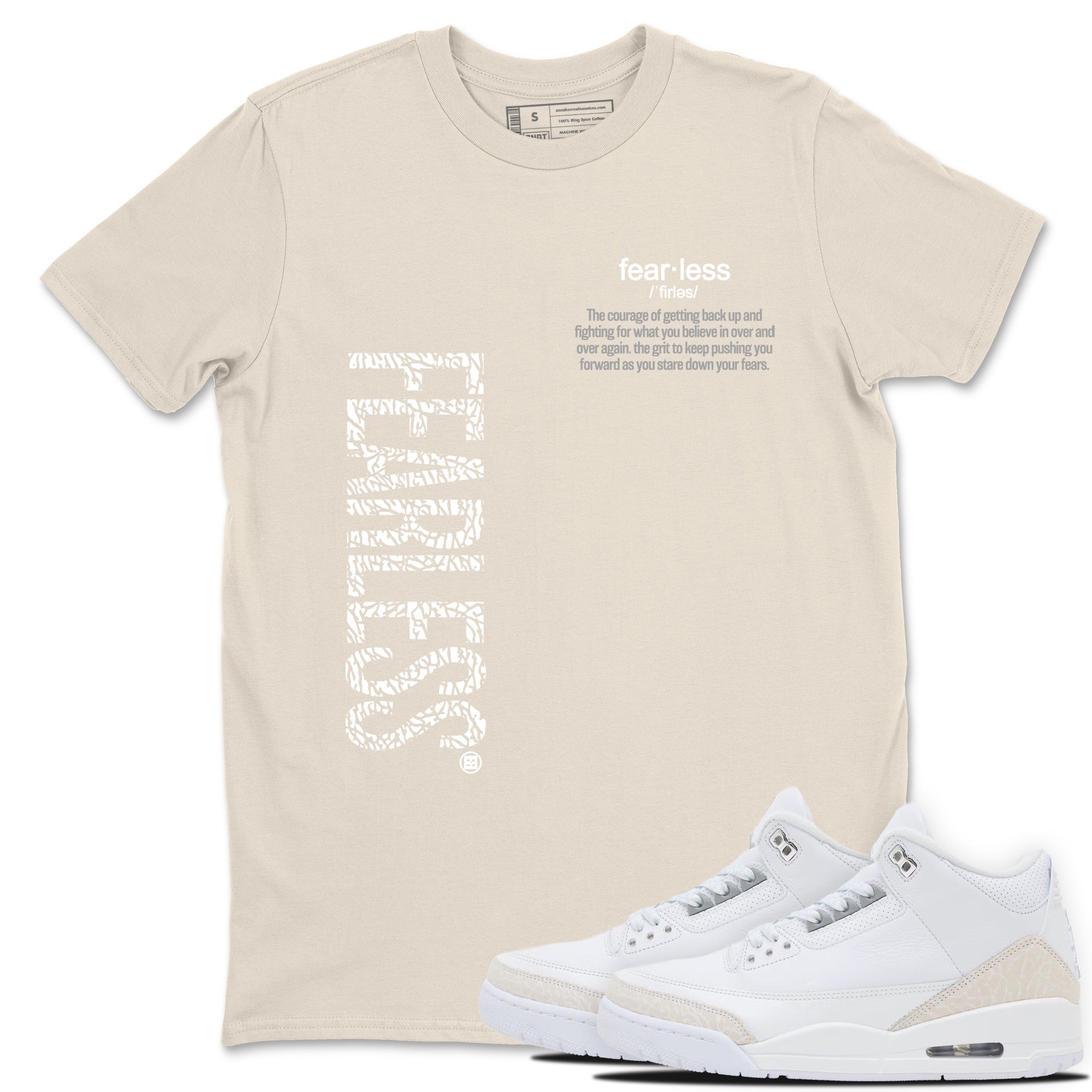 Fearless Definition sneaker match t-shirt styled to complete your fit with the Air Jordan 3 Pure Money sneakers, shown in Natural 1.
