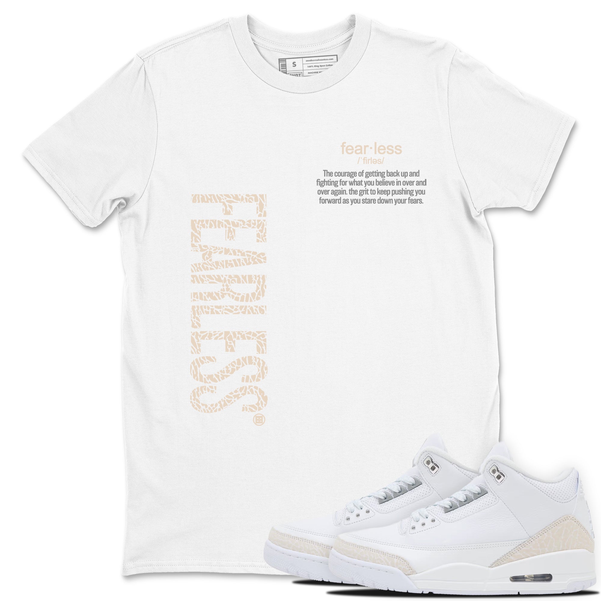 Fearless Definition sneaker match t-shirt styled to complete your fit with the Air Jordan 3 Pure Money sneakers, shown in White 1.