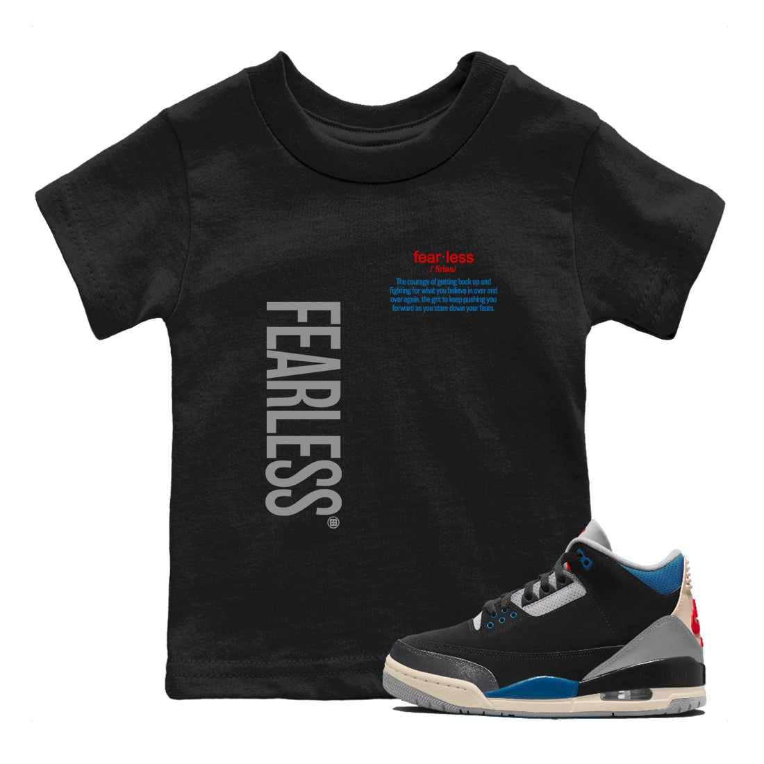 Fearless Definition baby and kids t-shirt crafted for little sneakerheads to shine with the Air Jordan 3 Rare Air sneakers, displayed in Black 1.