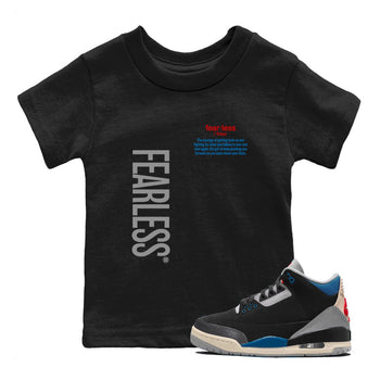 Fearless Definition baby and kids t-shirt crafted for little sneakerheads to shine with the Air Jordan 3 Rare Air sneakers, displayed in Black 1.