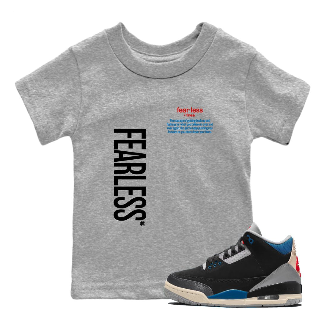 Fearless Definition baby and kids t-shirt crafted for little sneakerheads to shine with the Air Jordan 3 Rare Air sneakers, displayed in Heather Grey 1.