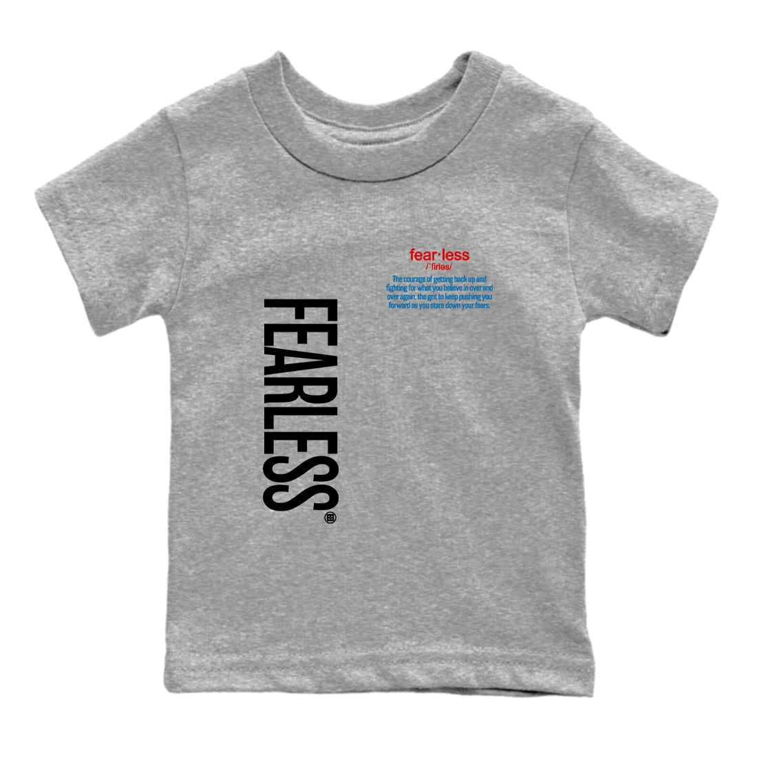 Fearless Definition baby and kids t-shirt crafted for little sneakerheads to shine with the Air Jordan 3 Rare Air sneakers, displayed in Heather Grey 2.