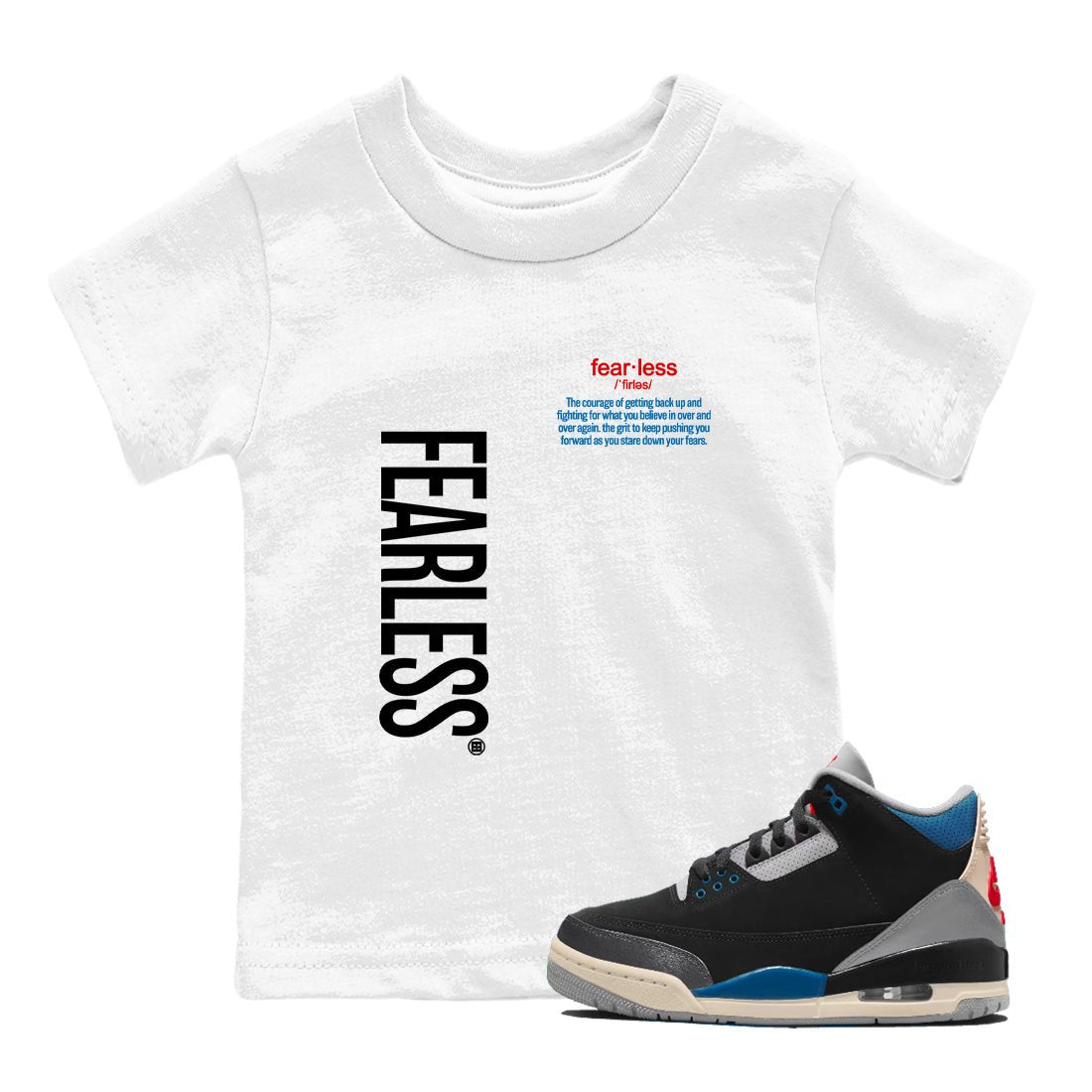 Fearless Definition baby and kids t-shirt crafted for little sneakerheads to shine with the Air Jordan 3 Rare Air sneakers, displayed in White 1.