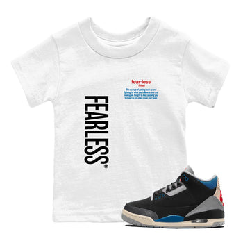 Fearless Definition baby and kids t-shirt crafted for little sneakerheads to shine with the Air Jordan 3 Rare Air sneakers, displayed in White 1.