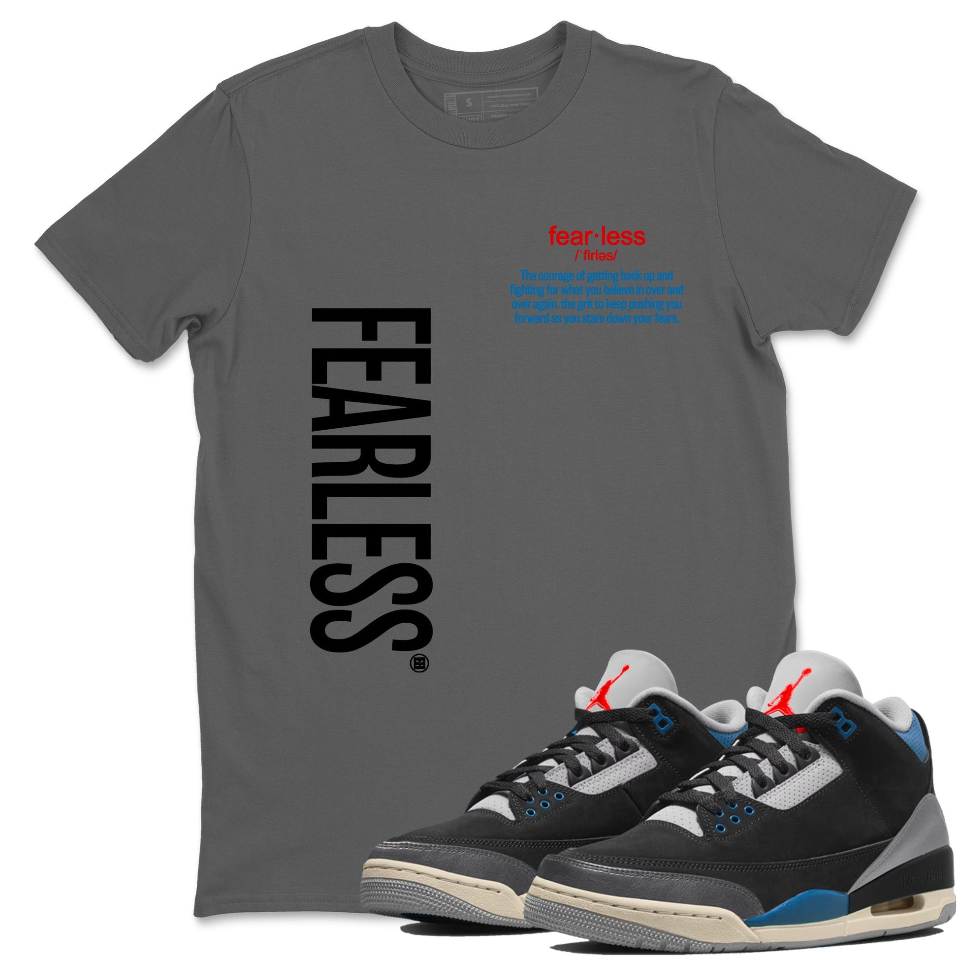 Fearless Definition sneaker match t-shirt styled to complete your fit with the Air Jordan 3 Rare Air sneakers, shown in Cool Grey 1.